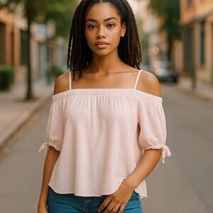 JODIFL Pink Gauze Cotton Boho Strapless Bohemian Blouse ~ Women's Size LARGE